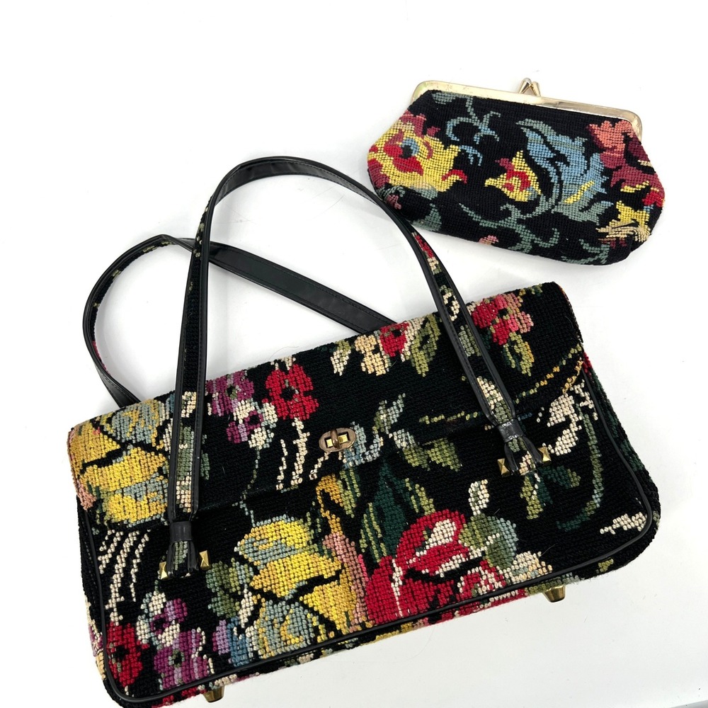 Vintage 60s Needlepoint Turnlock Satchel AND Matching Clutch Kadin Floral